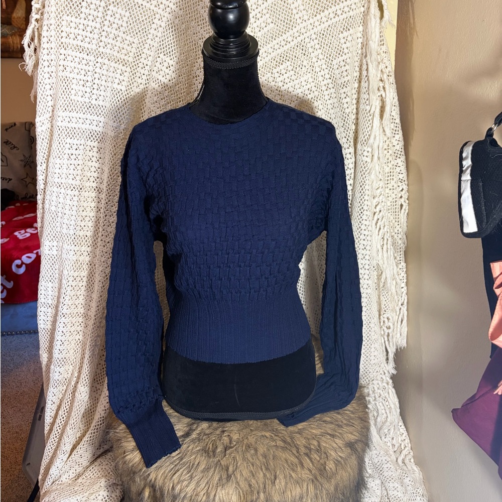 Lucy Paris Size Small Long Sleeve Navy Textured Knit Sweater